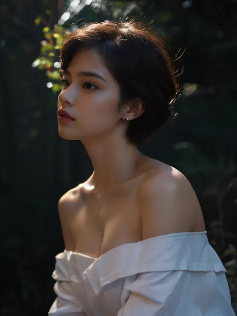 Best quality, masterpiece, ultra high res, (photorealistic:1.5), raw photo, 1girl, offshoulder, in the dark, deep shadow, low key, cold light, sexy look, short hair