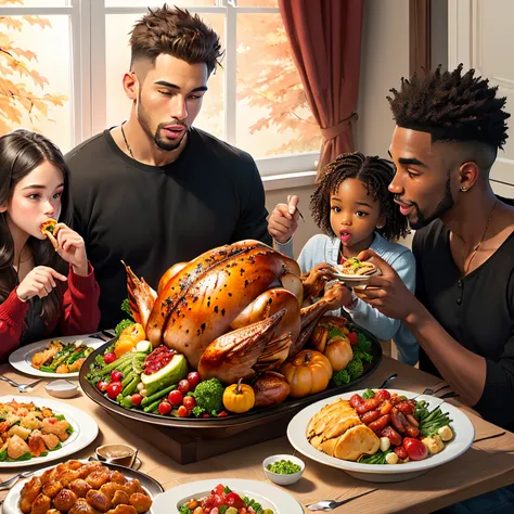 Realistic black family eating thanksgiving dinner