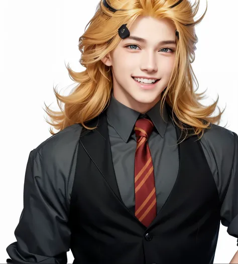 A teenage boy with realistic long yellow hair, the same realistic hairstyle, realistic handsome face, Realistic Smile expressions, adapt realistic clothes, realistic light, realistic shadows, realistic background