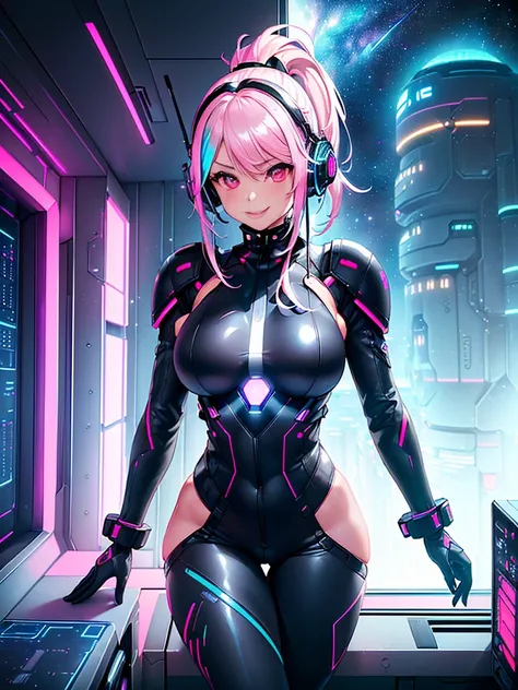 ​masterpiece:1.4, 1girl in ((20yr old, Dressed in a tight futuristic bodysuit in black and silver, long boots, huge-breasted, Multicolored pink hair, twin ponytail, Perfect model body, Pink eyes:1.4, Wearing headphones, Flirting, Happy, Big smile, Looking ...