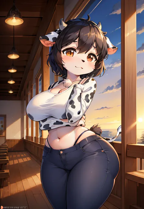 (furry art, uploaded on e621:1.4), (masterpiece:1.3), (best quality:1.2),(2D:1.0), (anime:1.0), (illustration:1.0), (sharp:1.2), (sunset_environment), (barn hous), (restaurant), (clear, shiny:0.8), (impasto:1.1), (ultra-detailed:1.0) (1girl, solo), (cow_gi...