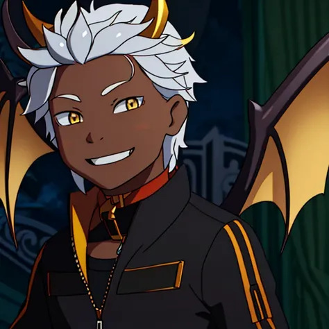 (best quality,3d,ultra-detailed), boy, SubaruNatsuki, white hair, long hair, yellow eyes, demon horns, large dragon wings, wearing a dog collar around his neck, smiling, embarrassed, scars, dark skin, dark skin