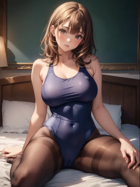 top-quality、Full limbs、complete fingers、One beautiful woman、Beautiful Large Breasts、Brown-haired woman、Women with medium hair、(((A woman wearing a navy blue one-piece school swimsuit、Woman in brown pantyhose)))、Love、a bed、((Woman in naughty pose))