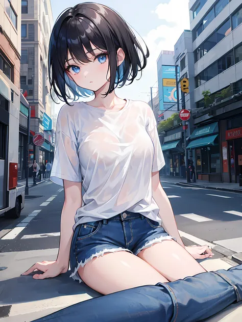 1girl, short black hair, blue eyes, wearing plain white shirt, denim shorts, city, absurdres, high res, ultrasharp, 8K, masterpiece, looking at viewer