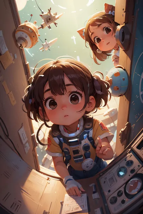 High Detail, Ultra Detail, 8K, Ultra High Resolution there is four cute and innocent girls, enjoying her time in the space station, adding to the playful atmosphere,(masterpiece), best quality, expressive eyes, perfect face