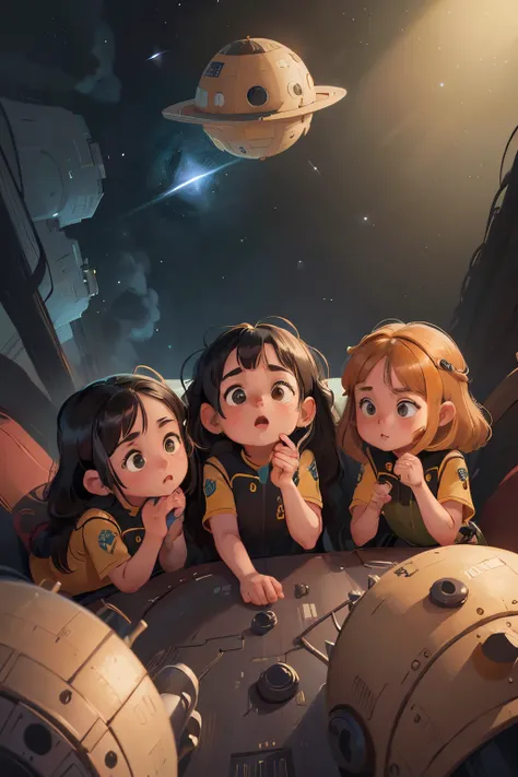 High Detail, Ultra Detail, 8K, Ultra High Resolution there is four cute and innocent girls, black hair, blond hair, brown hair, red hair, green eyes, brown eryes, balck eyes, exploring the space with a spaice ship, adding to the playful atmosphere,(masterp...