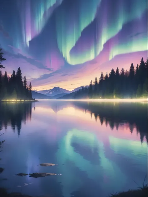 Aurora borealis over a tranquil lake: imagine the colorful lights dancing in the night sky, in shades of green, pink and purple, reflecting off the calm surface of the lake. Add some dark trees around the lake to contrast with the bright colors of the auro...