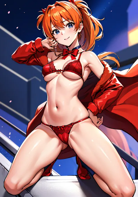 (masutepiece),(Best Quality), Asuka Langley Soryu，、Soio、Blue eyes，hair between eye，headware，Interface headset，Orange hair，Red Ribbon、bow ribbon、Big breasts、((Smaller head)）、1 female、nighttime scene、On the rooftop、Red underwear with small area of lace、long ...