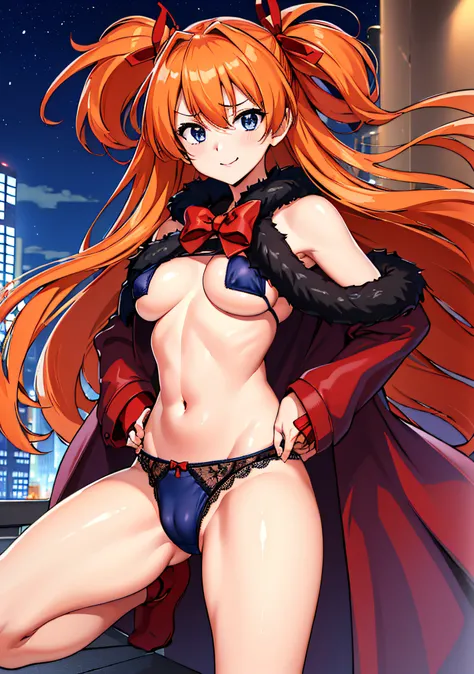 (masutepiece),(Best Quality), Asuka Langley Soryu，、Soio、Blue eyes，hair between eye，headware，Interface headset，Orange hair，Red Ribbon、bow ribbon、Big breasts、((Smaller head)）、1 female、nighttime scene、On the rooftop、Red underwear with small area of lace、long ...