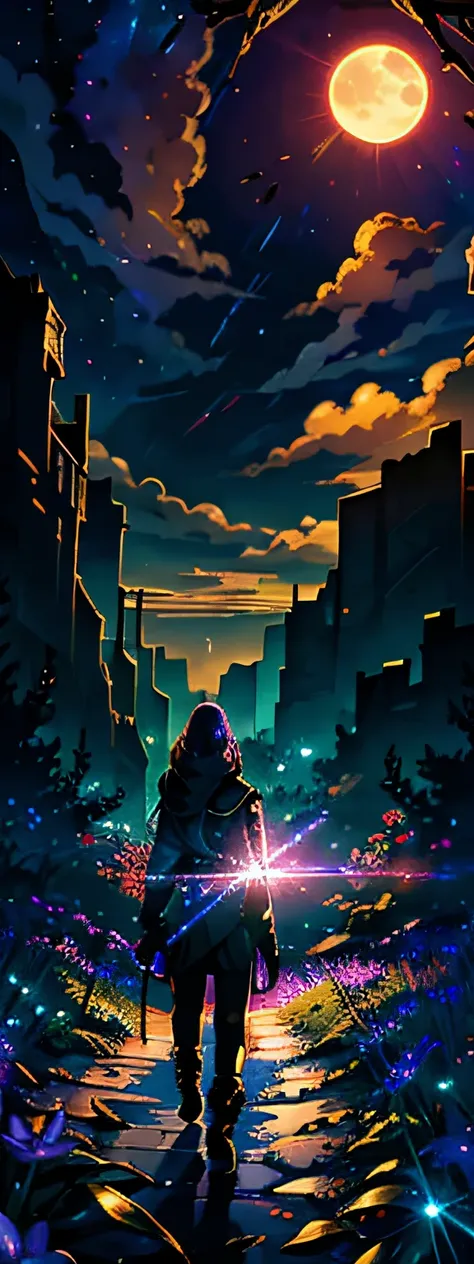 expansive landscape photograph , (a view from below that shows sky above and open field below), a girl standing on flower field looking up, (full moon:1.2), ( shooting stars:0.9), (nebula:1.3), distant mountain, tree BREAK
production art, (warm light sourc...