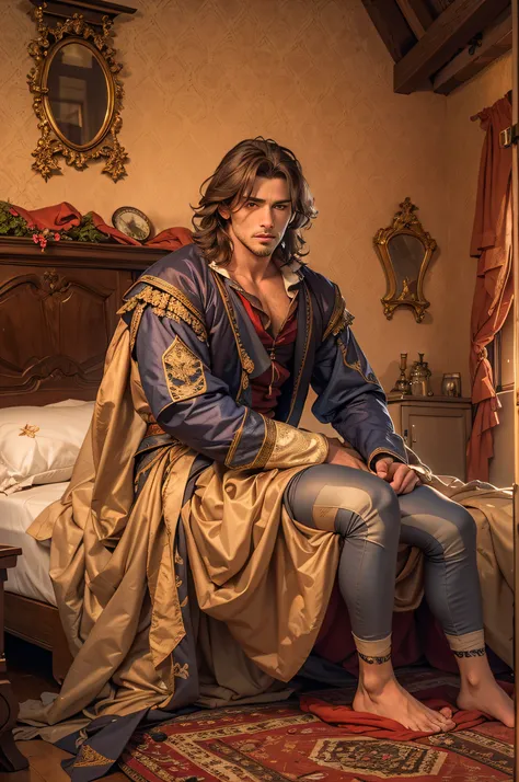 sporty, A handsome 15th century count waits in a bedroom with a romantic atmosphere..., exposed, groin covered with silk sheet, enticing, Erotic, wants sex, Jofre de Beirak, shoulder-length brown hair