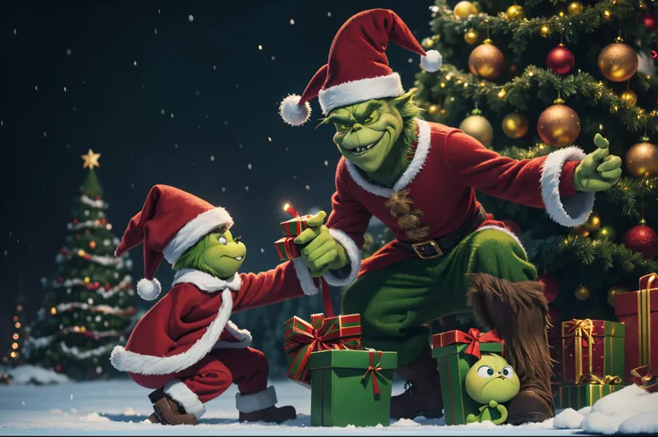 Grinch stole Christmas, Whimsical illustration of a green meanie character stealing presents under the Christmas tree, dressed like Santa Klaus, humorous illustration, hyperrealistic, big depth of field, happy palette of colours, 3d octane render, highly d...