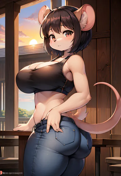 (furry art, uploaded on e621:1.4), (masterpiece:1.3), (best quality:1.2),(2D:1.0), (anime:1.0), (illustration:1.0), (sharp:1.2), (sunset_environment), (barn hous), (restaurant), (clear, shiny:0.8), (impasto:1.1), (ultra-detailed:1.0) (1girl, solo), mouse_g...