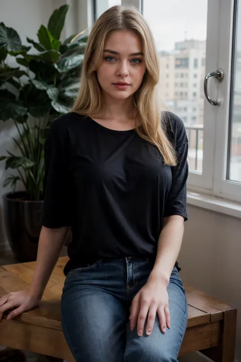 photo of beautiful 24 y.o Kate Mildrew, medium length blonde hair,  blue eyes, detailed eyes, pale skin, looking confident, casual, indoor, with an air of superiority, black t-shirt, jeans, cleavage