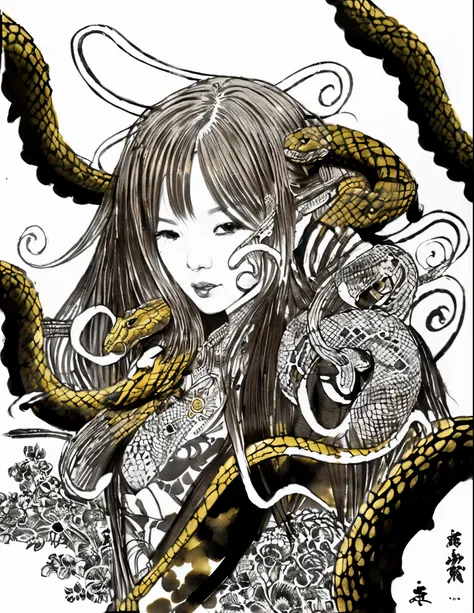 Ink design stencil traditional japanese ink and gold beautiful portrait of a colombian woman with long hair and snakes by artgerm tran nguyen