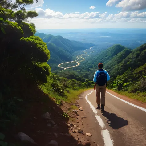 Person at the foot of a hill with Atlantic forest, a narrow road running from the foot of the mountain to the top.