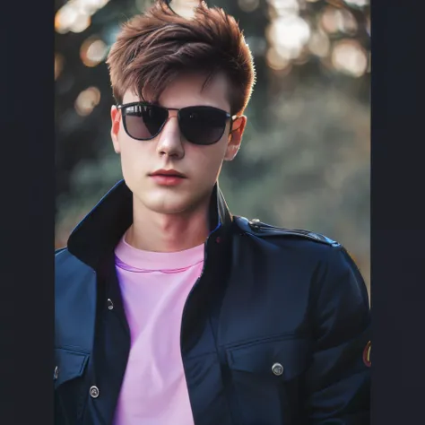 there is a young man wearing sunglasses and a pink shirt, high quality portrait, raphael personnaz, with sunglass, casual photography, maxim shirkov, profile shot, color portrait, inspired by Yanjun Cheng, with sunglasses, hyperrealistic teen, edited in ph...