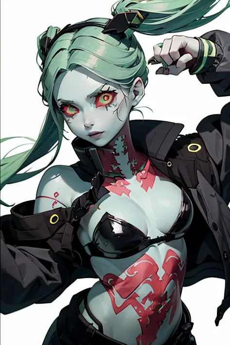 1girl, red sclera,green pupils, cyborgunder, tattoo, green hair,colored skin