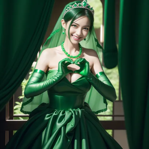 emerald tiara, Green Pearl Necklace, Boyish very short black hair, lipsticks, Japan woman smiling, very short short hair,  big breasts beautiful, Green eyes, Long green gloves made of satin material, Green eyes, Emerald Earrings, green vale, Heart with bot...