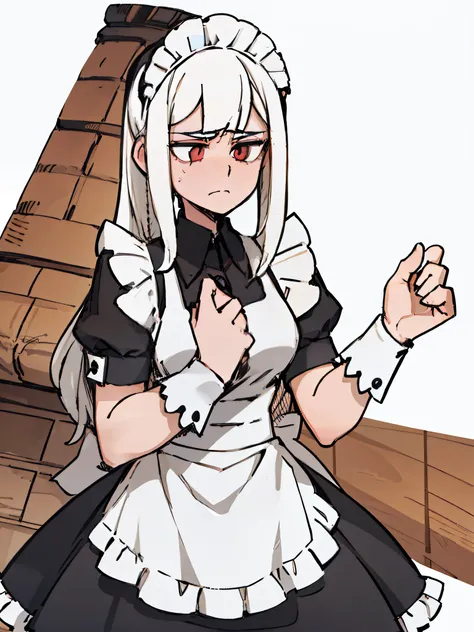 A girl frontal,((full bodyesbian,Long curly white hair,the maid outfit,Unhappy,irate)),Calf white silk,Put your hands in front,Young, White background