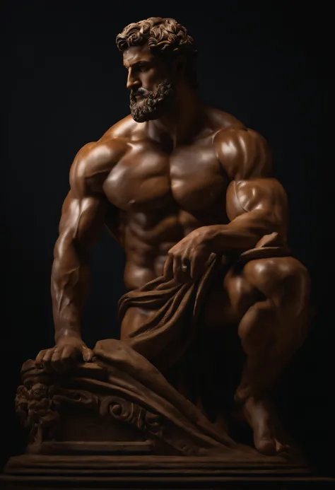 Stoic Greek statue Hercules style with muscles highlighted dark  background