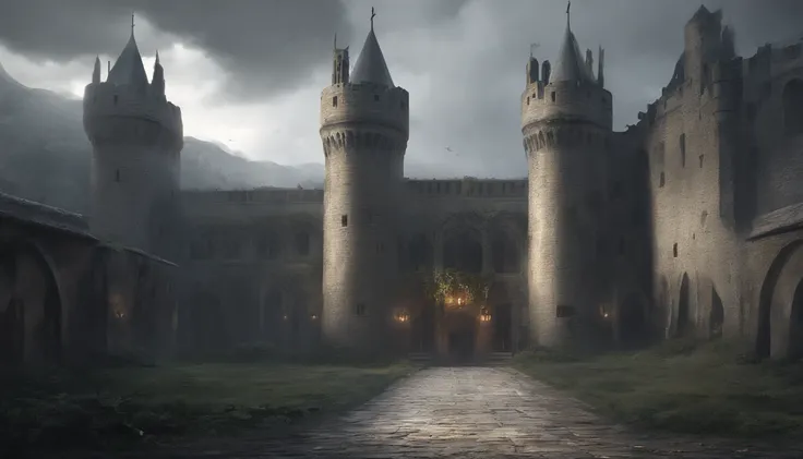 (best quality,4k,highres,masterpiece:1.2),ultra-detailed,medieval castle long corridors on a cloudy day with stone walls and tall windows and cool sunlight shining through the windows, a cold grey and bleak atmosphere