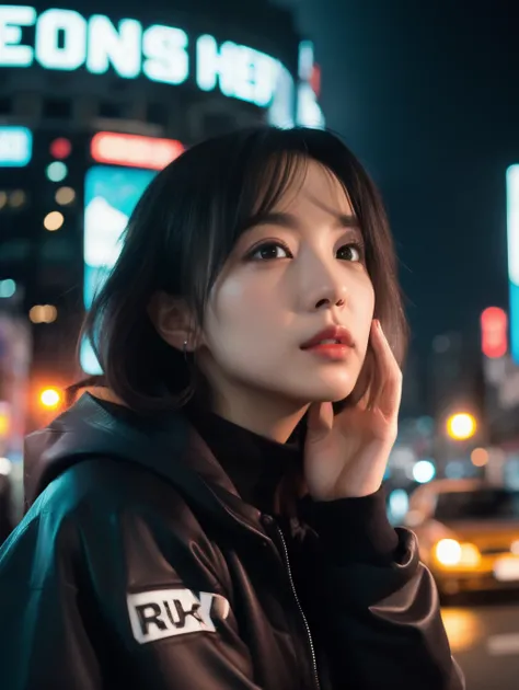 ​masterpiece、hightquality、Soio、beautiful model、Back lighting、beautiful hairl、A detailed eye、À la Fed woman sitting on a city bench with neon sign, Cinematic. leng jun, Anime style mixed with Fujifilm, mid shot portrait, cyberpunk streetwear, Inspired by Li...