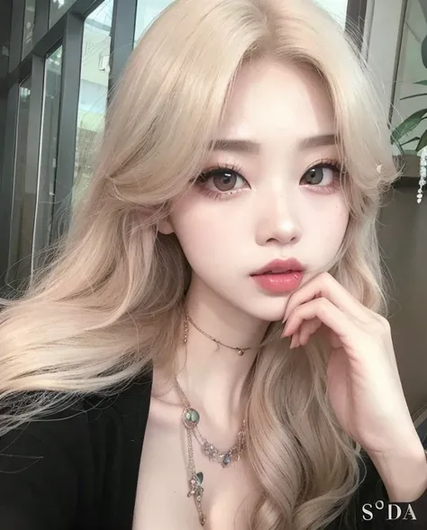 um close up de uma mulher com longos cabelos loiros e um colar, Ulzzang, cruel korean goth girl, maquiagem sul-coreana popular, pale porcelain white skin, menina coreana, pale round face, wan adorable korean face, maquiagem coreana popular, beautiful aesth...