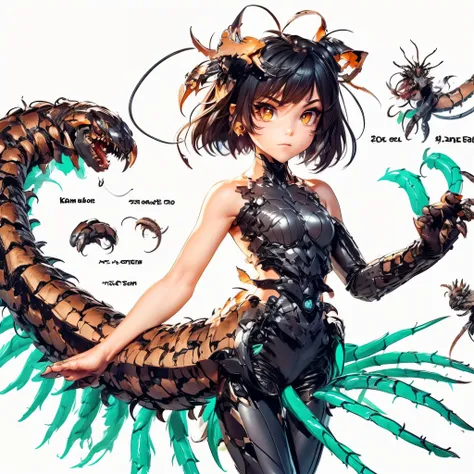 a girl who fuses with a centipede. she is a beautiful girl.kaiju elements. her hands become weapons. armored body.