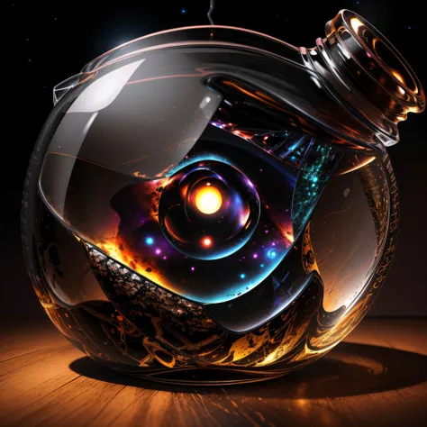 (An intricate Black hole trapped in a bottle), atmospheric oliva lighting, on the table, 4k UHD, dark vibes, hyper detailed, vibrant colours, epic composition, octane render, sharp focus, high resolution isometric, Leonardo Da Vinci style.