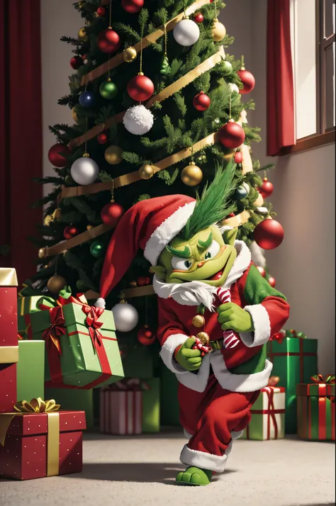 Whimsical illustration of a green Grinch,meanie character stealing presents under the Christmas tree, dressed in Christmas outfit in red and white humorous illustration, hyperrealistic, big depth of field, happy palette of colours, 3d octane render, highly...