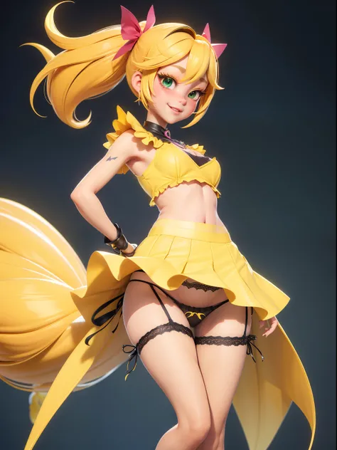 Master Parts, Best Quality, Render Jobs、。.。.3D Styles、。.。.3DMM、。.。.3D, 1girl in, Soio, yellow  hair, hitornfreckles, jewely, sideways Facing, Realistic, full length, Clear and simple background, yellow fringe, (Long Skirt Dress)、(((Nipples visible from the...