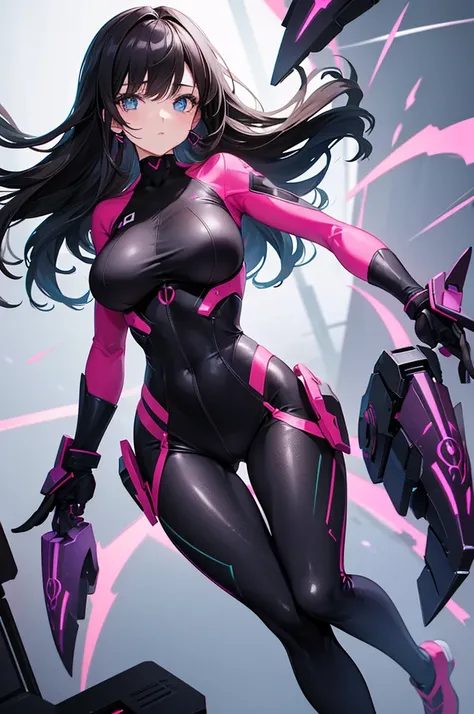 attractive young woman with dark hair wearing a futuristic body suit, full body, anime, 80s, colorful, detailed