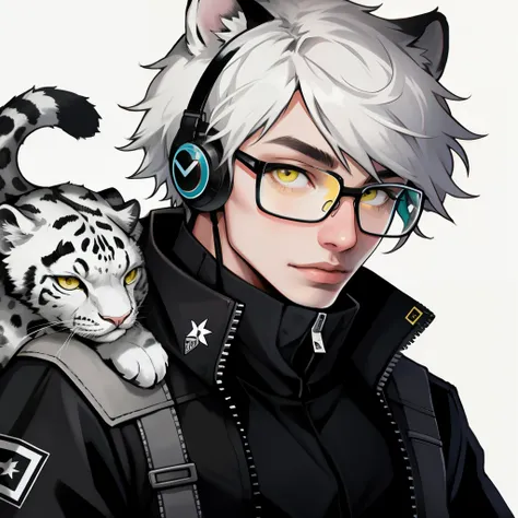 Highest quality, high resolution, high rendering precision, Snowleopard, gray and white color scheme, white ears, yellow pupils, wearing black-framed glasses, male, single, teenager