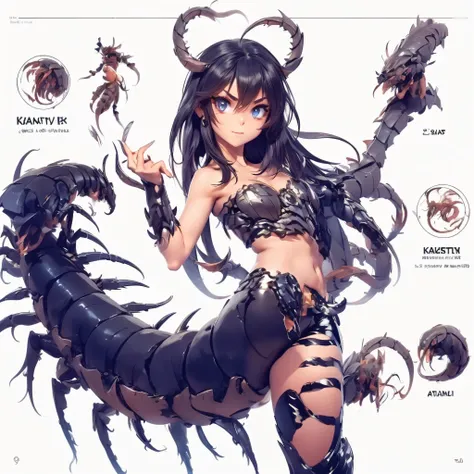 A girl who fuses with a centipede. she is a beautiful girl. kaiju elements. Her hands become weapons. armored body.