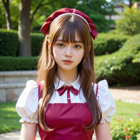 a girl,14 year old,pink long hair,green eyes,red head ribbon,lolita maid clothes,bangs bangs