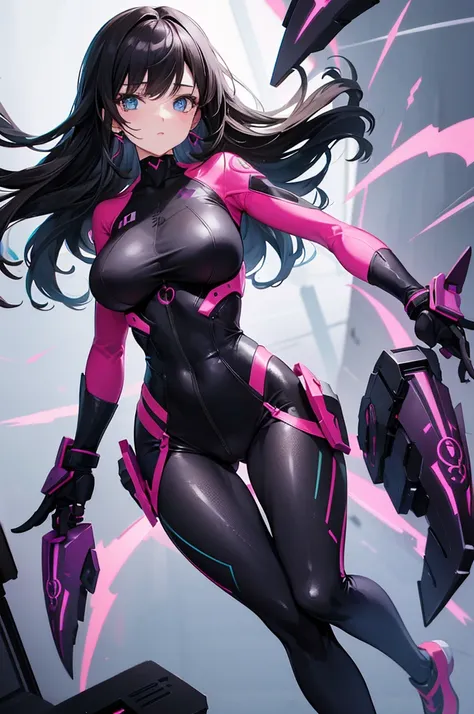 attractive young woman with dark hair wearing a futuristic body suit, full body, anime, 80s, colorful, detailed