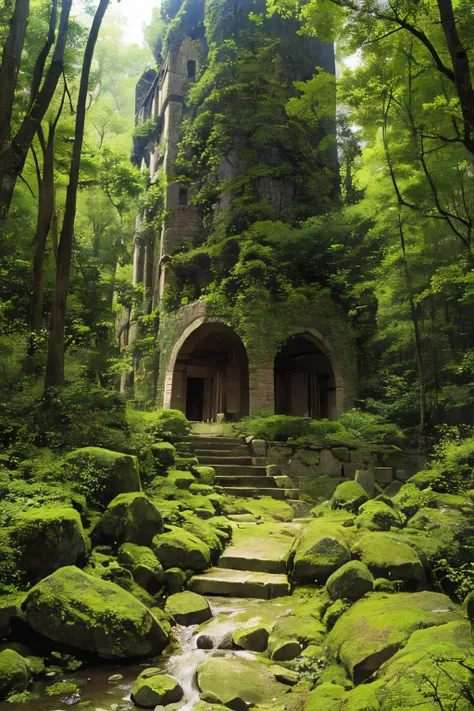 ruins of a medieval castle、castle town、
deep-forest、dark color