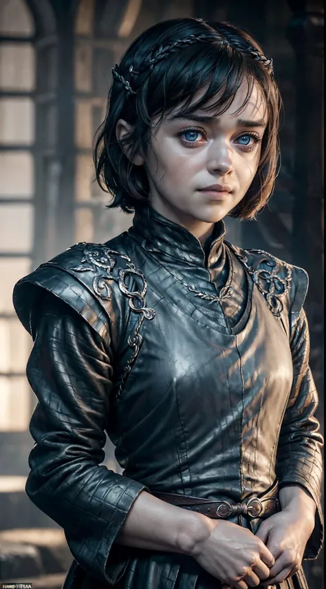 (((diagonal back view))), ((Masterpiece)), ((ultra high definition)), ((ultra high resolution)), ((full sharpness)), ((maximum quality)), ((Cinematic)), ((8k)), ((Arya Stark/Maisie Williams)), ((perfectly identical to the series)), ((extremely beautiful)),...