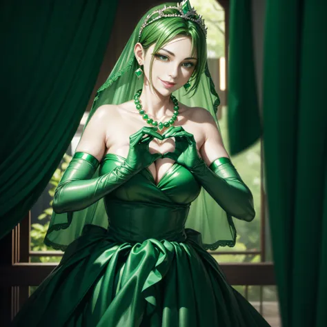 emerald tiara, Green Pearl Necklace, Boyish very short green hair, lipsticks, Japan woman smiling, very short short hair,  big breasts beautiful, Green eyes, Long green gloves made of satin material, Green eyes, Emerald Earrings, green vale, Heart with bot...