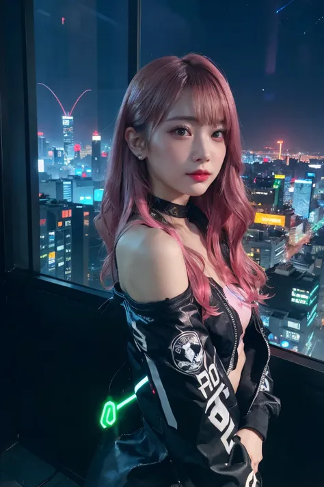 (​masterpiece), top-quality, 超A high resolution,teens girl, Cyberpunk 1 girl flying over stunning cityscape ,parka,A pink-haired, Neon Color Shooting Star, Very long hair, off shoulders, feathers hair ornament, neon color, The Flash, stunning night sky, 电影...