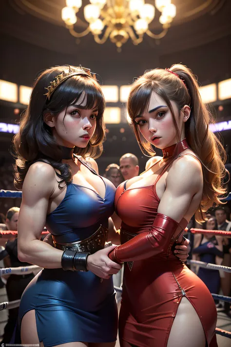 ((dos chicas)) sexy young muscle girls in (((vestidos de gala brillantes hasta el suelo))) y ((Guantes de boxeo hechos de los mismos materiales que sus batas)) con los hombros desnudos con los pechos llenos, They are engaged in a boxing match in a ballroom...