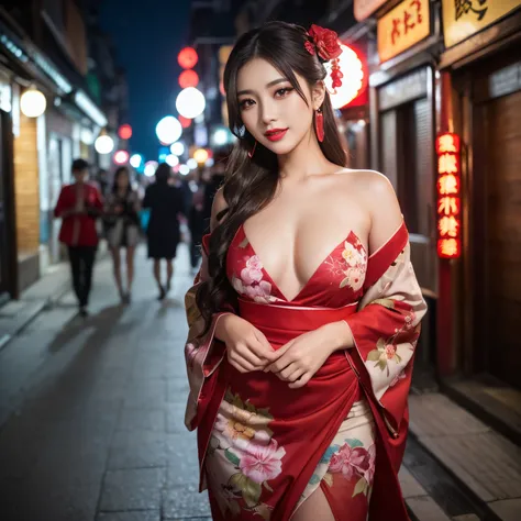 ((top-quality、masutepiece、8K、Top image quality、Very complex and detailed details))、One prostitute、Floral Costume、Oiran kimono、accurate courtesan kimono、Gorgeous courtesan kimono、The background is a red light district、You Guo、Custom Street、Smile at the came...