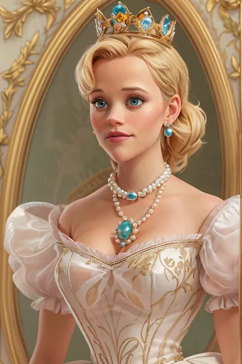 1950s royal style, Formal and Official Coronation Portrait, Portrait of a stunningly beautiful young blonde Reese Witherspoon as a Queen wearing A Stately and Elaborate Royal Cinderella Court Gown with (((enormous puffed sleeves))), an hourglass waist, and...