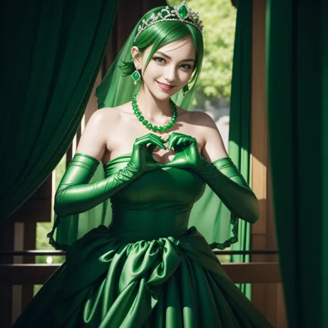 emerald tiara, Green Pearl Necklace, Boyish very short green hair, lipsticks, Japan woman smiling, very short short hair,  big breasts beautiful, Green eyes, Long green gloves made of satin material, Green eyes, Emerald Earrings, green vale, Heart with bot...