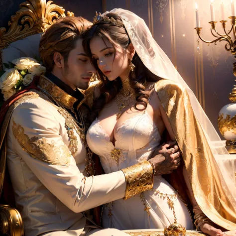 (generate handsome groom and beautifull bride, hugging, at wedding ceremony, (luxury crown), (luxury cloak), wear (detailed luxurious hairpin), (detail luxury wedding gown), (detailed ornament), (detail accecories), expensive detailed necklace, golden flow...