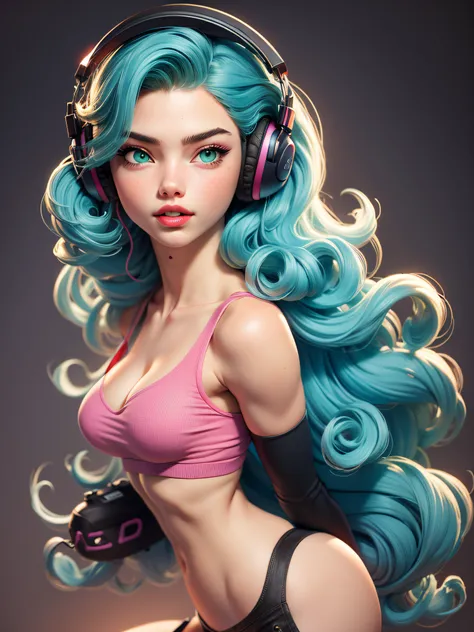 young girl, 16 years (Adriana Lima :1.1) red lips, green eyes, listen to music, headphones, long curly hair, , pastel colors, by Ray Shark