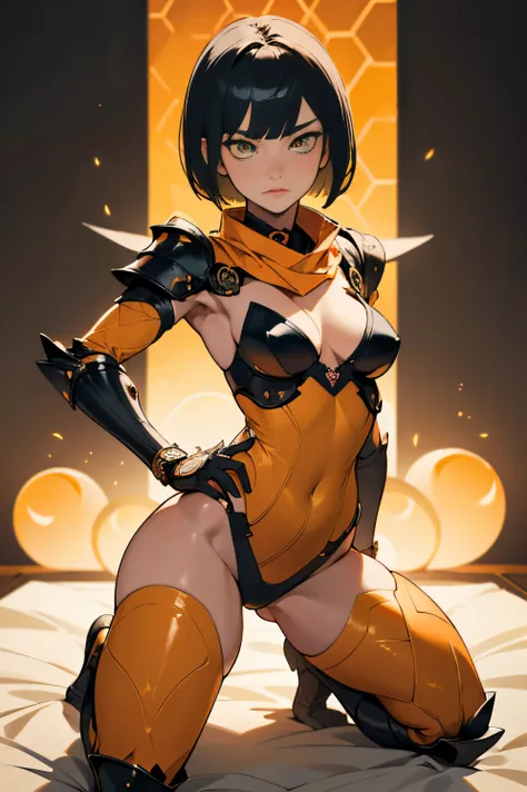 [Shinjuku background at night],(HENTAI ANIME) (Japanese NINJA Girl (Beauty) 15yo student) petite and muscular [Slim & fit body], Short Bob Cut,([hornet] Orange Ninja Battle Armor) scarf [stall] ((Fitting rubber inner) [honeycomb] [edg]) hair adornments (Du...