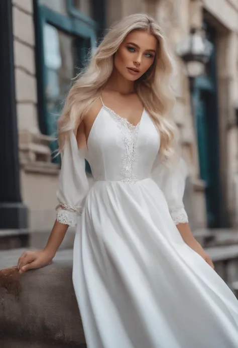 Realistic white Instagram influencer, best quality, Blond, 女の子1人, blaue Augen, in white, enger, kurzes Kleid