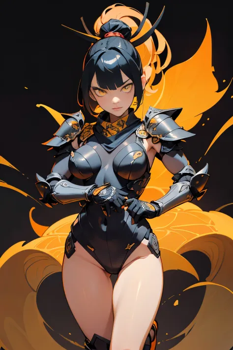 [Shinjuku background at night],(HENTAI ANIME) (Japanese NINJA Girl (Beauty) 15yo student) petite and muscular [Slim & fit body], Short Bob Cut,([hornet] Orange Ninja Battle Armor) scarf [stall] ((Fitting rubber inner) [honeycomb] [edg]) hair adornments (Du...